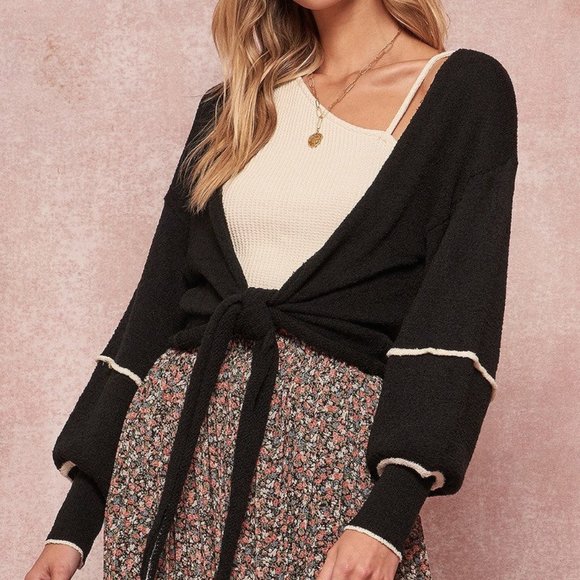 Women's Black Textured Self-tie Closure Long Sleeves Knit Cardigan Sweater NWT - Picture 1 of 3